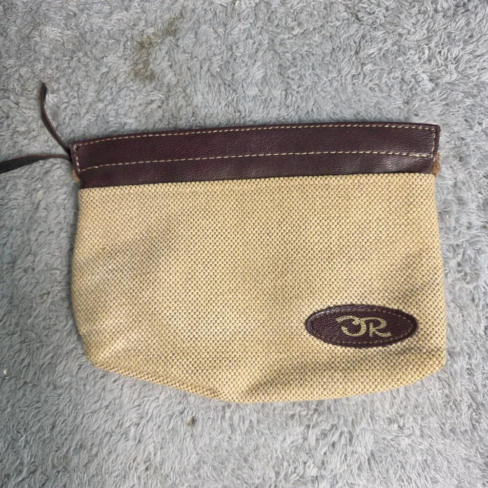 VINTAGE Oscar de la Renta‎ Cosmetic Pouch Beige Burgundy Canvas Zip Bag Small